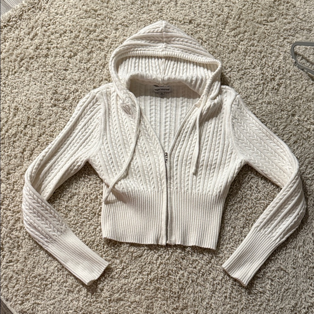 Women's Cream Hooded Cable Knit Sweater